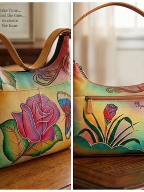 Anuschka Hand-Painted Floral Leather Shoulder Bag with matching coin purse
